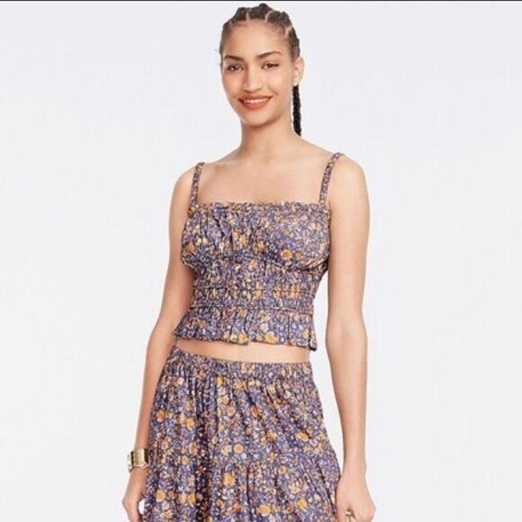 J. Crew Purple Floral Organic Cotton Stretchy Button Down Crop Top - Picture 1 of 14